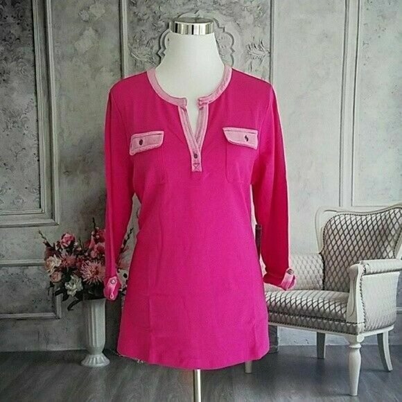 𝅺kim Rogers Pink Velvet Trim Split Neck Long Sleeve Jersey Top Plus Size 1X NWT - Picture 2 of 9